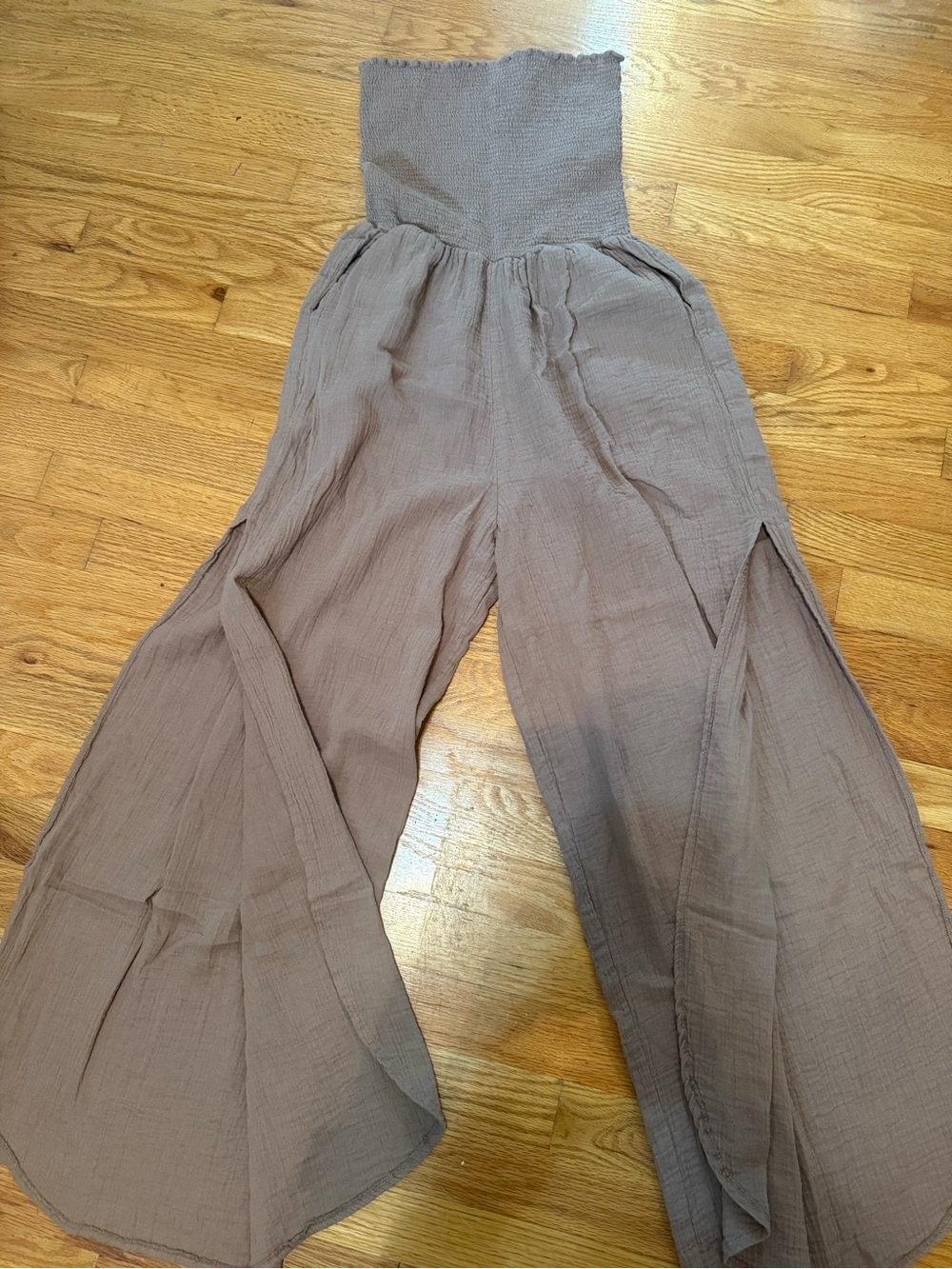 Elan Taupe Smocked-Waist Split-Leg Jumpsuit
